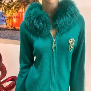 St. John Teal Emerald Zip Front Jacket cashmere XL Fox fur trim